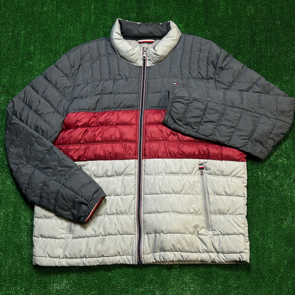 Packable Puffer Tommy Hilfiger Jacket Colorblock Grey Red XXL